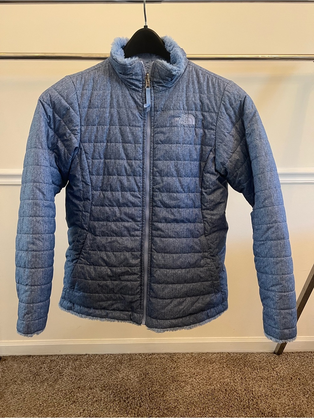 The North Face reversible light /dusty blue Quilted Jacket with Fleece Trim